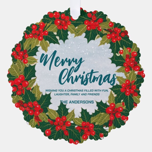 Adorno De Papel Elegante Wreath Red Holly Berries Oro Feliz Navida (Anverso)
