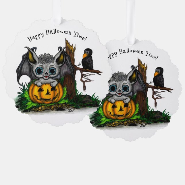 Adorno De Papel Esperando Halloween , Cute Bat y Raven (Anverso/Reverso)