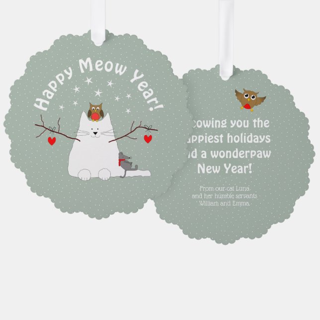 Adorno De Papel "¡Feliz Año Miau!" Ronda Snowcat (Anverso/Reverso)