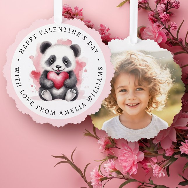 Adorno De Papel Feliz día de San Valentín lindo panda con foto de  (Happy Valentines day cute panda with heart photo Ornament Card)