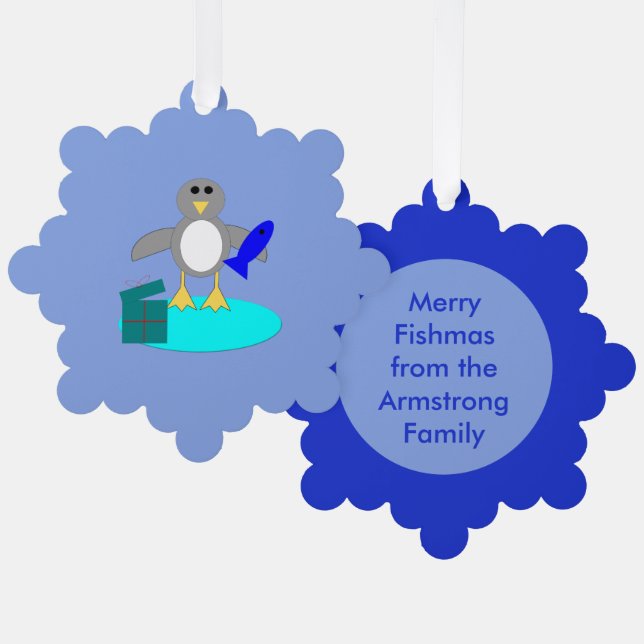 Adorno De Papel Feliz Navidad Pescador Pingüino Personalizado (Anverso/Reverso)