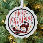 Adorno De Papel Feliz Navidad Rojo Búfalo Negro Jugado Snowman<br><div class="desc">Los adornos de papel más finos vienen a usted en una tarjeta de papel con una cinta con un recuerdo muy querido para tener como un agudo para siempre</div>