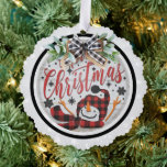 Adorno De Papel Feliz Navidad Rojo Búfalo Negro Jugado Snowman<br><div class="desc">Los adornos de papel más finos vienen a usted en una tarjeta de papel con una cinta con un recuerdo muy querido para tener como un agudo para siempre</div>
