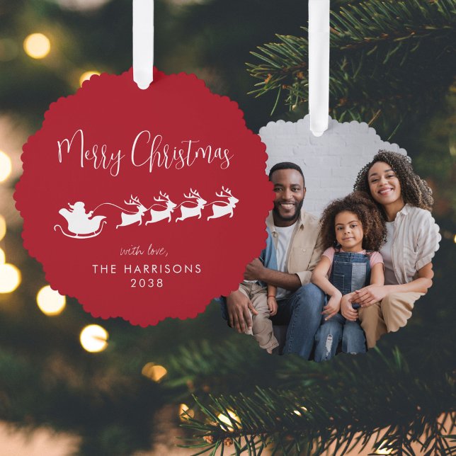 Adorno De Papel Feliz Navidad Santa Sleigh Foto Rojo (Share the love and warmth of the holiday season with a photo paper ornament card)