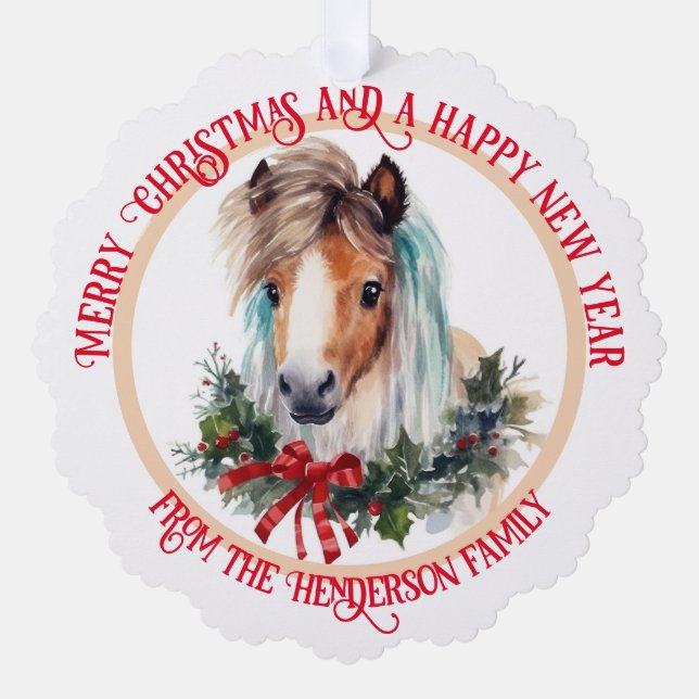 Adorno De Papel Feliz Navidad Shetland pony y Navidad wreath (Anverso)