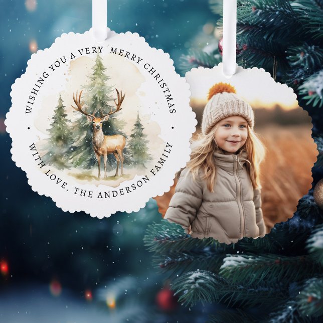 Adorno De Papel Feliz Navidad simple foto elegante pino verde (Merry Christmas simple elegant photo pine green Ornament Card)