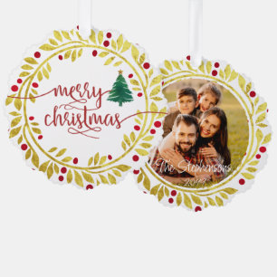 Adorno De Papel Ferry Christmas Photo Faux Gold Wreath Script