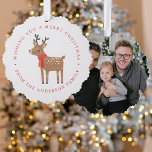 Adorno De Papel Festividad de foto de renos de Winter Friends<br><div class="desc">Envíe saludos festivos con un Navidad, manténgase atento a que sus amigos y familia apreciarán durante años. La tarjeta de adorno de papel muestra a un lindo reno personalizado usando una bufanda roja de invierno. Personalice la tarjeta con el saludo de su personalizado y el nombre de la familia que...</div>