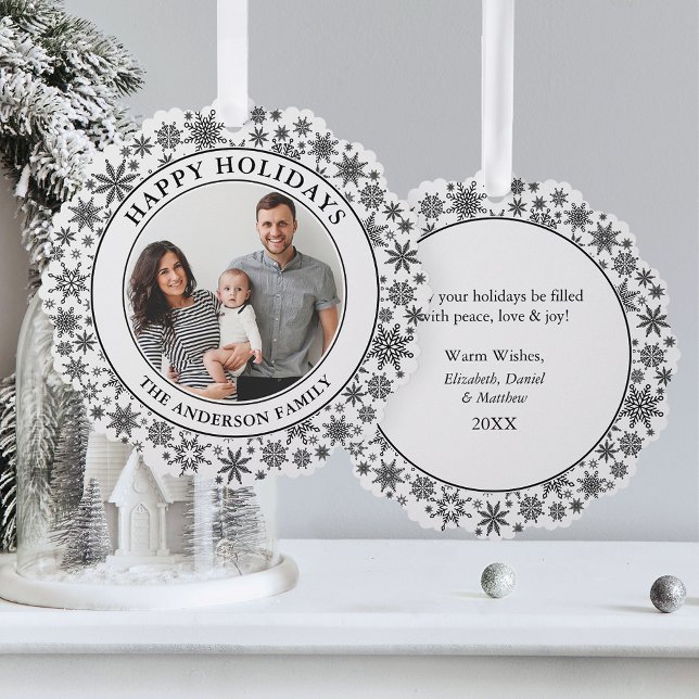 Adorno De Papel Festividades felices de negro y blanco (A greeting card that is also an ornament! Customize with your photo and personalized text.)