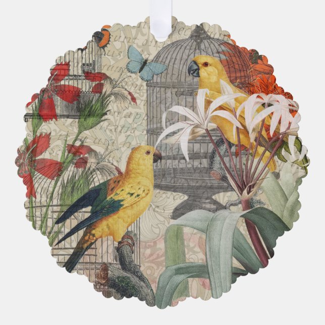 Adorno De Papel Flor de época tropical dorada de loro (Anverso)