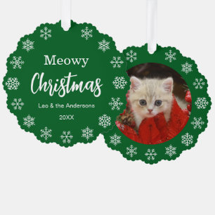 Adorno De Papel Foto de gato Meowy Navidad Copos de nieve Verde Ma