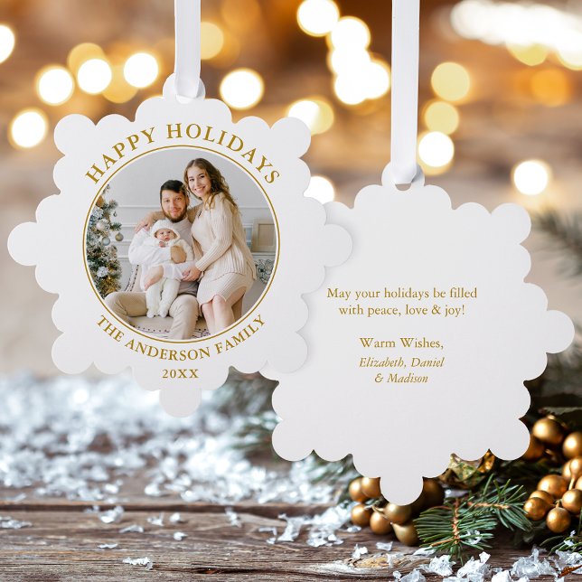 Adorno De Papel Foto de las vacaciones felices de oro moderno (A greeting card that is also an ornament! Customize with your photo and personalized text.)