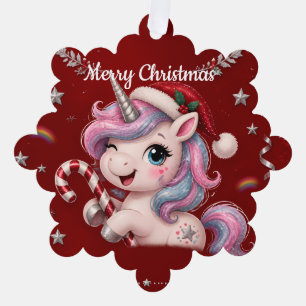 Adorno De Papel Foto de niña de unicornio de Navidad color carmesí