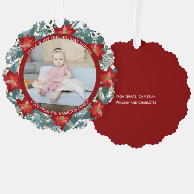 Adorno De Papel Foto de Poinsettia Wreath Navidades personalizados (Anverso/Reverso)