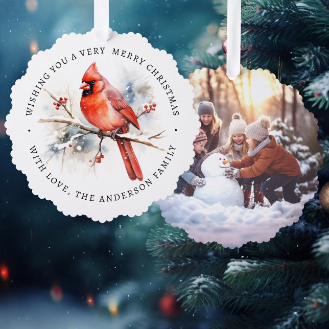 Adorno De Papel Foto del personalizado de la acuarela cardinal roj (Red cardinal watercolor custom photo ornament card)