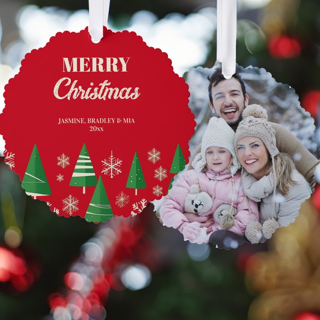 Adorno De Papel Foto: Merry Christmas Red Green Retro (Photo Merry Christmas red green retro trees Ornament greeting Card modern photo Christmas greetings)