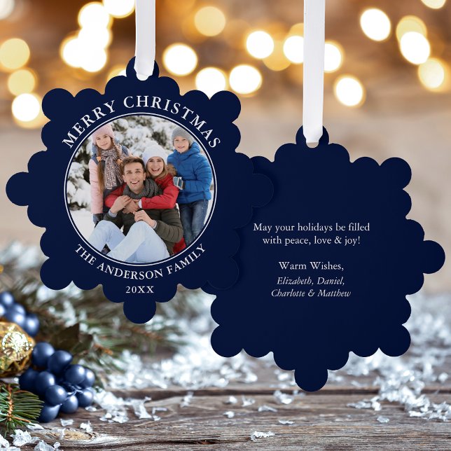 Adorno De Papel Foto moderna de Navidad Blue Merry (A greeting card that is also an ornament! Customize with your photo and personalized text.)