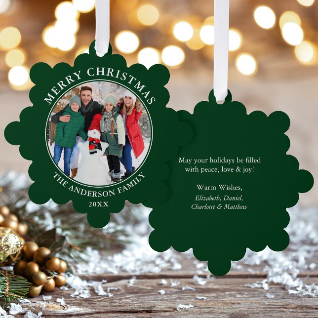 Adorno De Papel Foto moderna verde de navidad (A greeting card that is also an ornament! Customize with your photo and personalized text.)