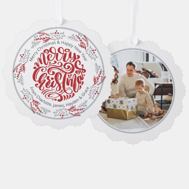 Adorno De Papel Foto personalizada de Wreath Merry Christmas (Anverso/Reverso)