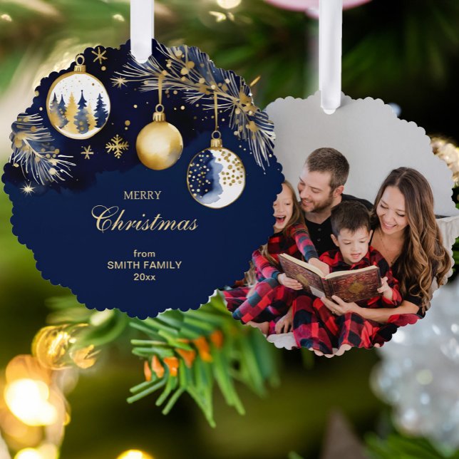 Adorno De Papel Fotos de bolas navideñas doradas y azules marino (Merry Christmas gold navy blue baubles template photo Ornament Card unique Christmas cards)
