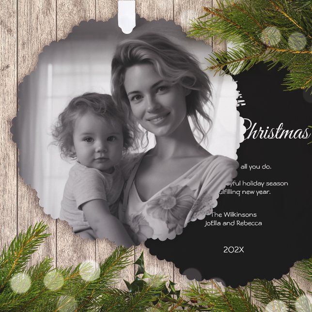 Adorno De Papel Fotos de feriado moderno de navidad navideña | Neg (Customize the backside of this card, along with replacing the photo with your own.)