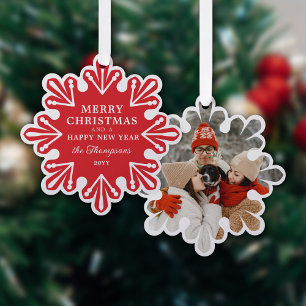 Adorno De Papel Fotos navideñas de Feliz Feriado de Snowflake Rojo