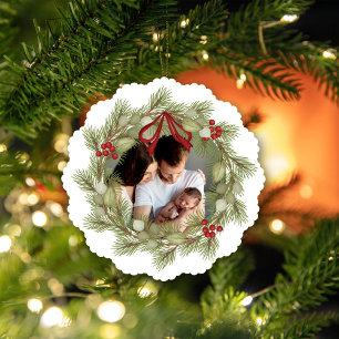 Adorno De Papel Fotos navideñas de Feliz Wreath Holly Berries