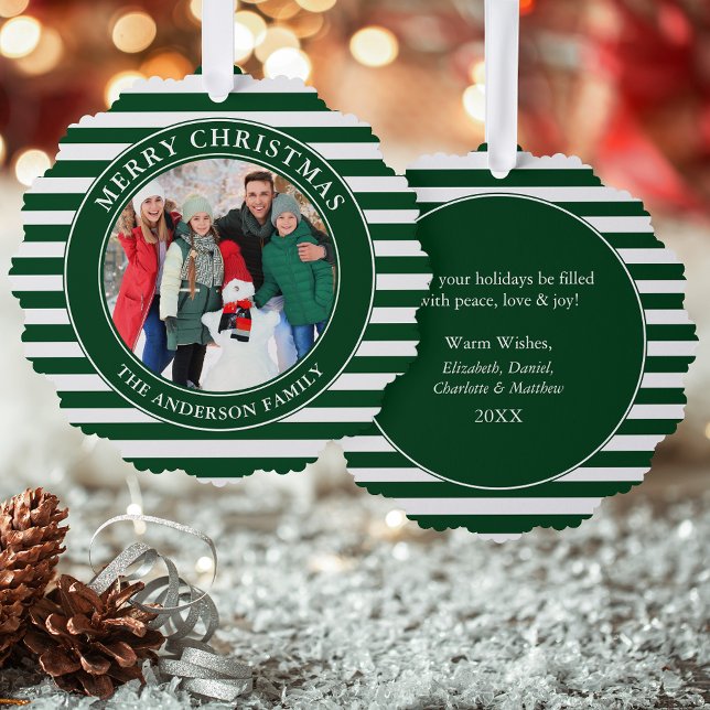 Adorno De Papel Fotos navideñas de las franjas verdes modernas (A greeting card that is also an ornament! Customize with your photo and personalized text.)