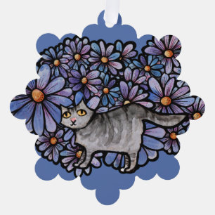 Adorno De Papel Gato Kitty Púrpura Daisies Gris Gato Gris Gris Gri