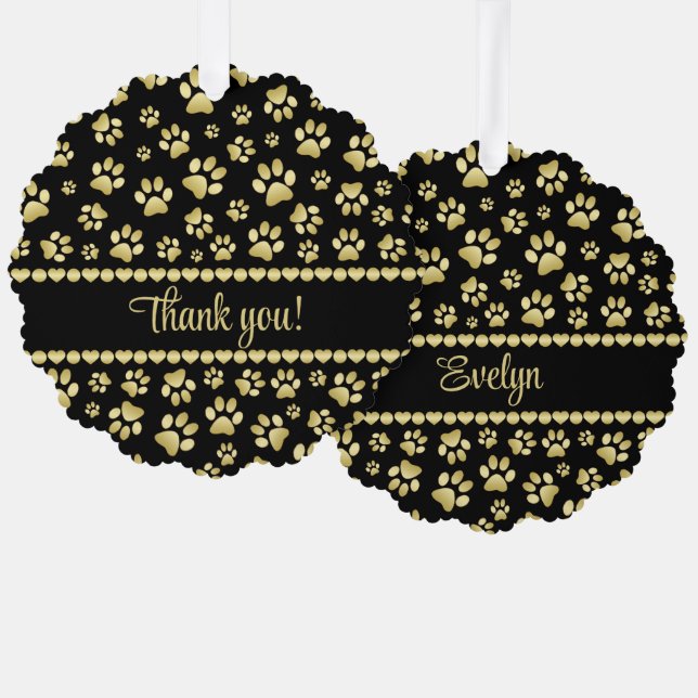 Adorno De Papel Golden Paw Prints on Black with Custom Name (Anverso/Reverso)