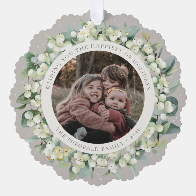Adorno De Papel Greige Snowberry+Eucalyptus Holiday Wreath Photo  (Anverso)