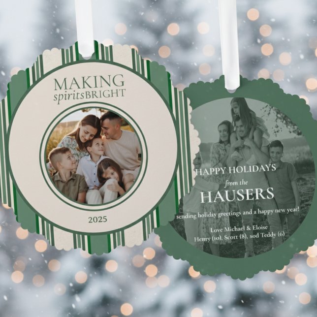 Adorno De Papel Hacer Que Los Espíritus Brillen Dos Bandas De Foto (Send holiday greetings with this Making Spirits Bright Two Photo Stripe Holiday Ornament Card!)