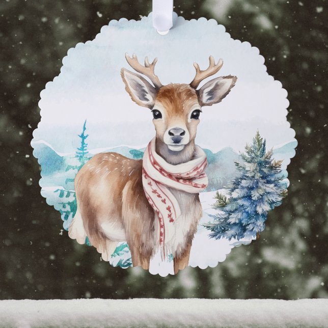 Adorno De Papel Hermoso ciervo con bufanda roja en bosque de nieve (Subido por el creador)