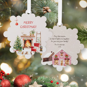 Adorno De Papel Hygge Acuarela Chimenea Copo de Nieve Navidad