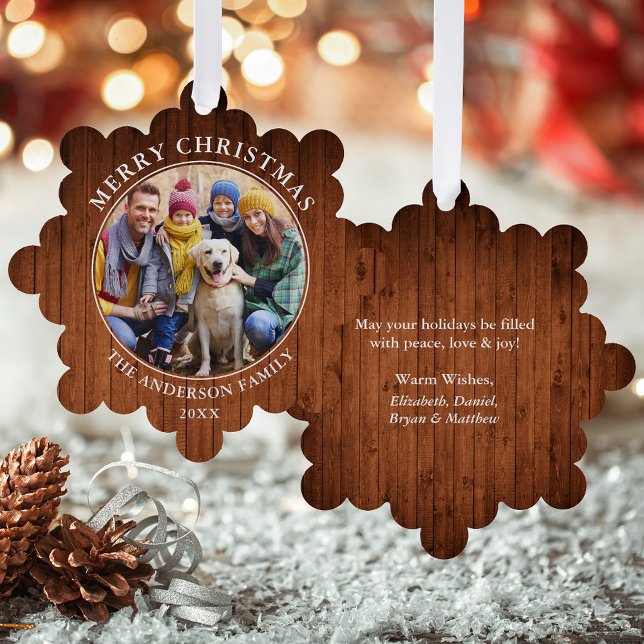 Adorno De Papel Impresión de madera rústica Fotos navideñas (A greeting card that is also an ornament! Customize with your photo and personalized text.)