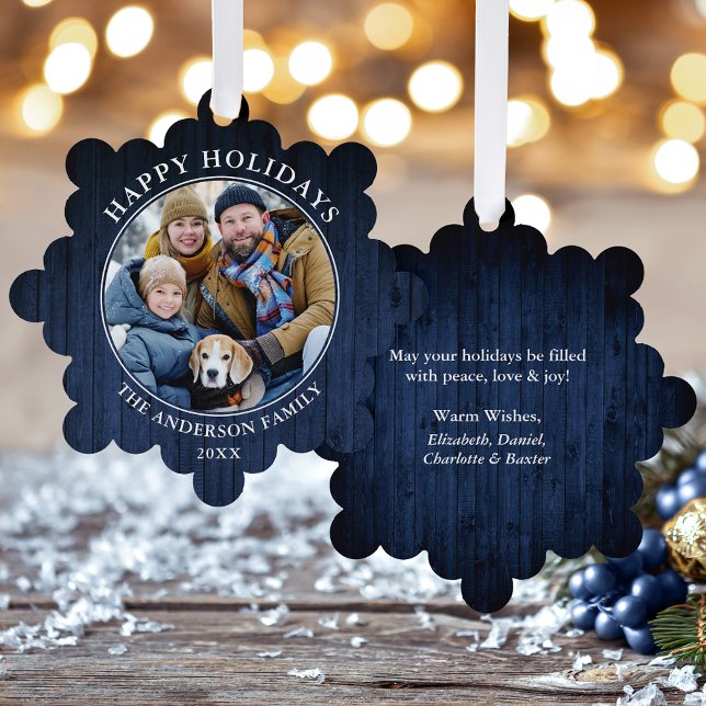 Adorno De Papel Impresión Rustic Happy Holidays Blue Wood (A greeting card that is also an ornament! Customize with your photo and personalized text.)