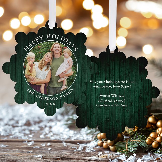 Adorno De Papel Impresión Rustic Happy Holidays Green Wood (A greeting card that is also an ornament! Customize with your photo and personalized text.)