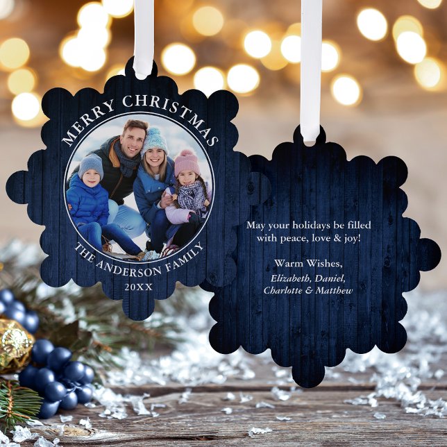 Adorno De Papel Impresión Rustic Merry Christmas Blue Wood (A greeting card that is also an ornament! Customize with your photo and personalized text.)