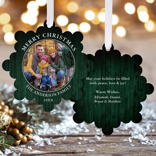Adorno De Papel Impresión Rustic Merry Christmas Green Wood (A greeting card that is also an ornament! Customize with your photo and personalized text.)