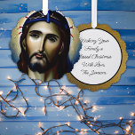Adorno De Papel Jesús Navidades personalizados Cristianos religios<br><div class="desc">Ornamento navideño de doble cara o etiqueta de regalo que tiene a Jesucristo con espinas en la parte delantera y un mensaje personalizado en la parte trasera.</div>