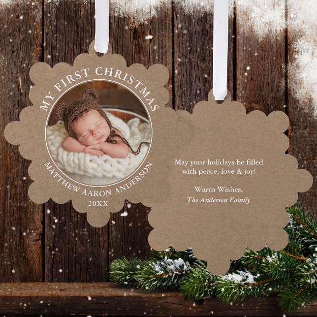 Adorno De Papel Kraft ruso: Mi primera foto navideña (A greeting card that is also an ornament! Customize with your photo and personalized text.)