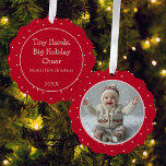 Adorno De Papel La primera foto de Navidad del bebé, Polka, nuevo<br><div class="desc">Los nuevos padres pueden conmemorar la primera Navidad de su bebé milagroso con esta dulce foto adornada con un extravagante punto rosa de polka en rojo que incluye una foto por un lado y tu texto por el otro.</div>