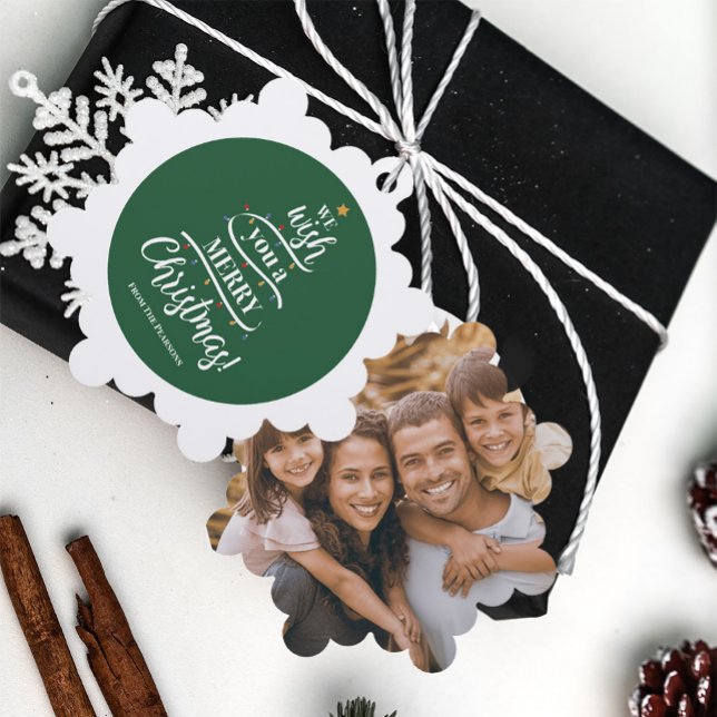 Adorno De Papel Le deseamos una Feliz Personalizado de Navidad. (Personalized Photo paper ornament, We wish you a Merry christmas holiday tree design, Green white )