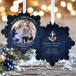 Adorno De Papel Mares y saludos Anchor Impresión de madera azul<br><div class="desc">Navidades de Mares Modernos y Saludos Tarjeta de Ornamento de Festividad de Navidad - Impresión de Madera Azul Marina. La decoración es de estilo Art Nouveau y está decorada con Watercolor Floral, con poinsettias rojas, pinos y otras hermosas zonas verdes invernales. Esta es una tarjeta de felicitación que también es...</div>