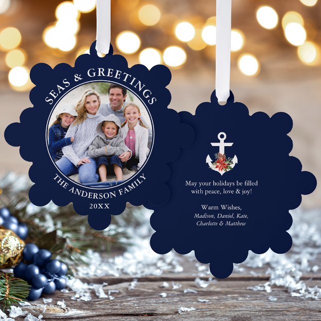 Adorno De Papel Mares y saludos Foto Poinsettia Anchor Azul (A greeting card that is also an ornament! Customize with your photo and personalized text.)