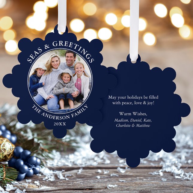 Adorno De Papel Mares y saludos modernos foto azul (A greeting card that is also an ornament! Customize with your photo and personalized text.)