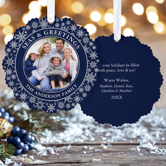 Adorno De Papel Mares y saludos modernos foto copos de nieve azul (A greeting card that is also an ornament! Customize with your photo and personalized text.)