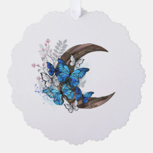 Adorno De Papel Mariposas azules en creciente de madera