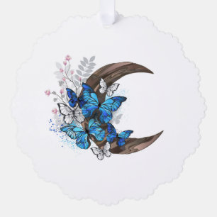 Adorno De Papel Mariposas azules sobre la media luna de madera