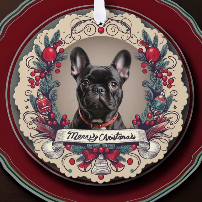 Adorno De Papel Mascota personalizado Foto Festividad Festividad S (Custom Christmas Pet Photo Holiday Picture Greeting Keepsake Ornament Card with vintage wreath frame)
